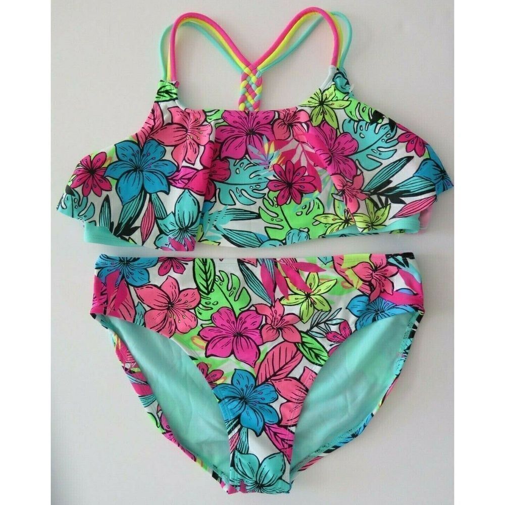 Kian D. Los Angeles Women's Sz 18 Teal/Multicolor Floral Ruffle Top 2-Pc Bikini